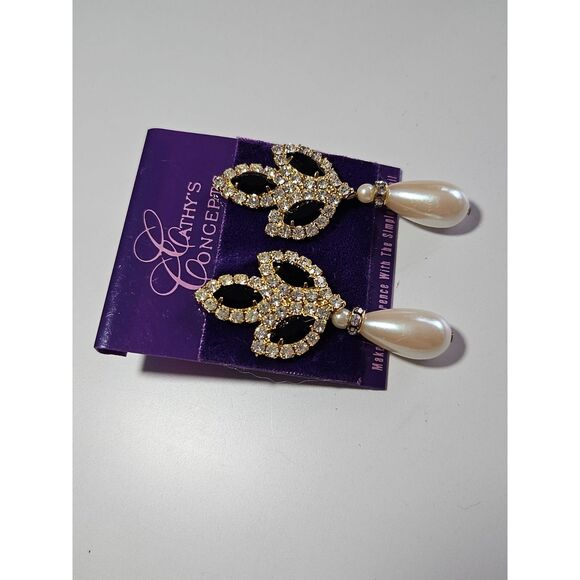 Cathy's Concepts Gold Tone Faux Pearl Black Rhinestone Dangling Earrings - Picture 6 of 9